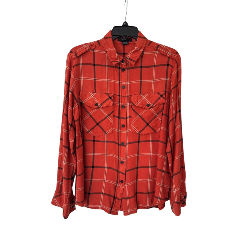 🌴 Sanctuary Womens Orange Black Plaid Rayon Button Down Utility Shirt Size M